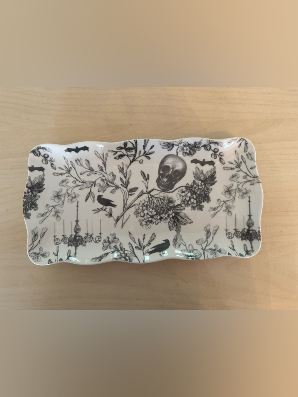Skull & Botanical Ceramic Serving/Trinket Tray - Black on White